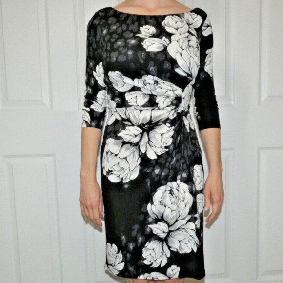 Dress Black White Floral Sheath Career Office Cocktail Party Date Night Size 2 - Picture 5 of 11